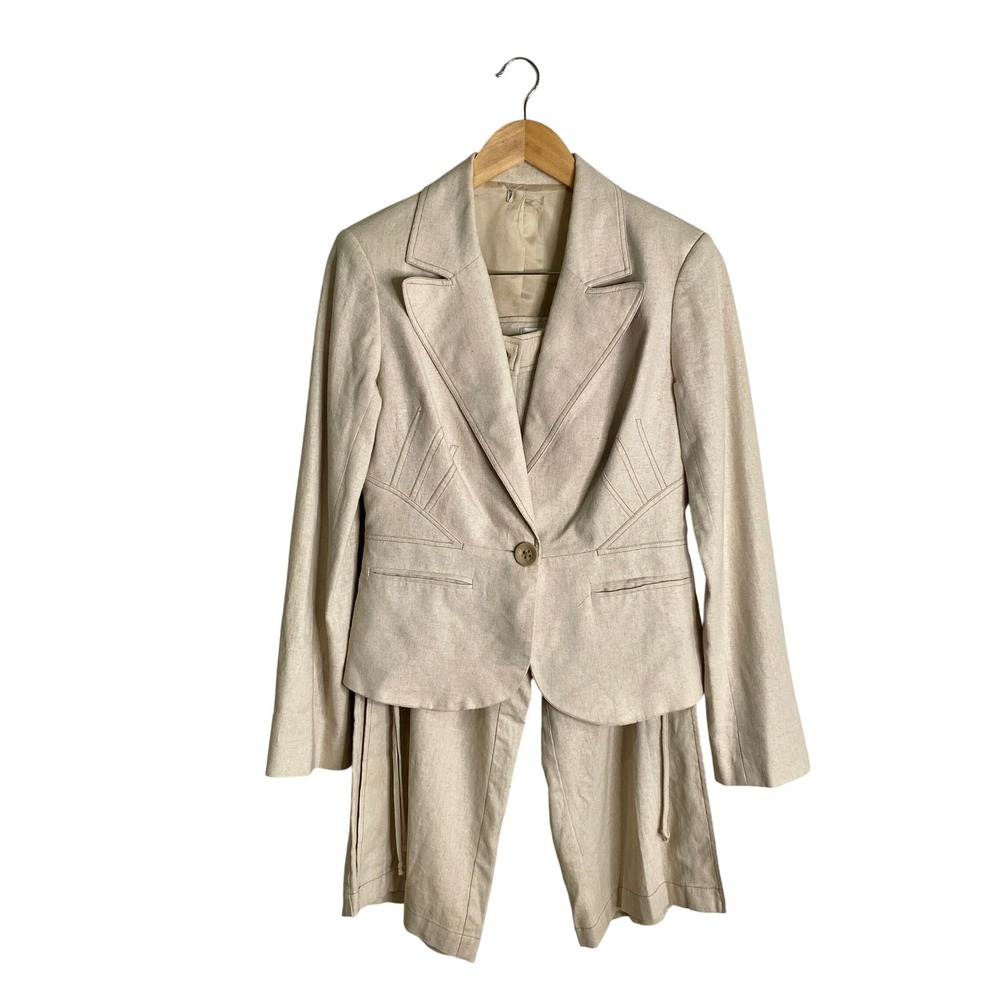 Vintage Y2K Cache Linen Capri Pant Suit Set 6 Beige Blazer Lace Up Co Ord Capri